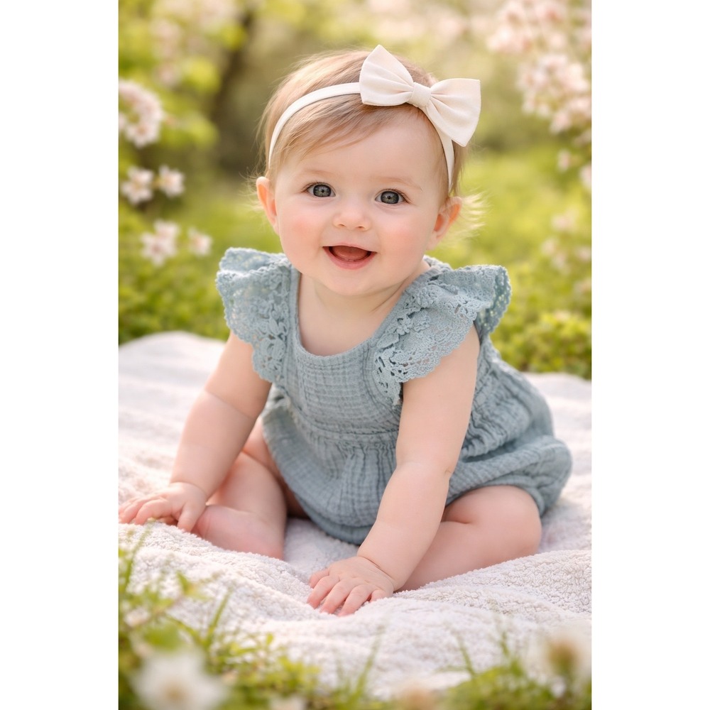 Baby Girl Sage Green Cotton Gauze Muslin Lace Flutter Sleeve Romper Size 70 3-6M
